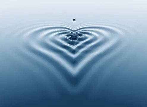 Water droplet creating heart-shaped ripples on calm surface.
