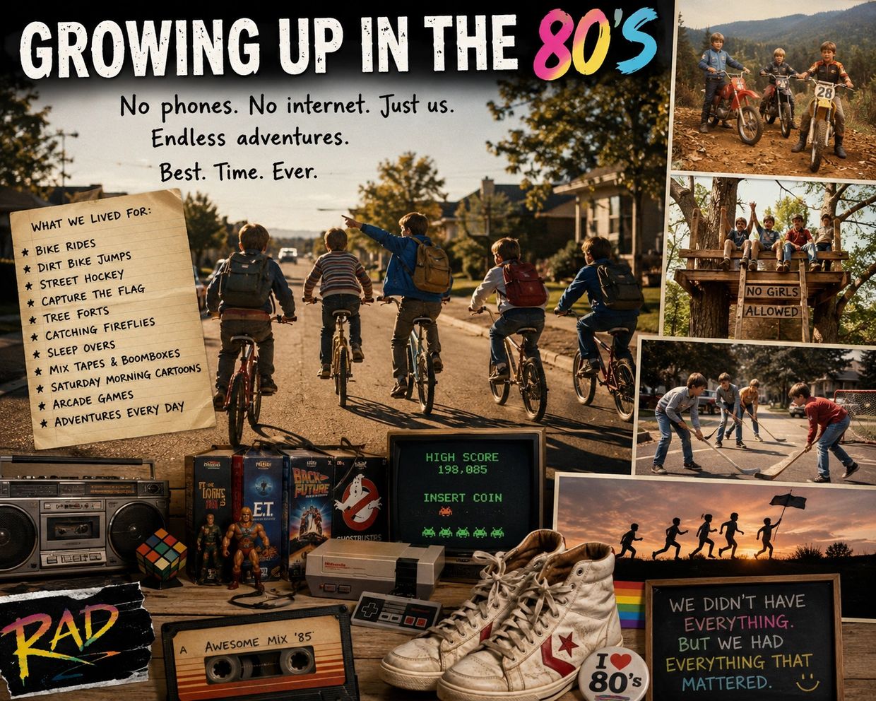 Nostalgic collage of 80's childhood adventures without technology.