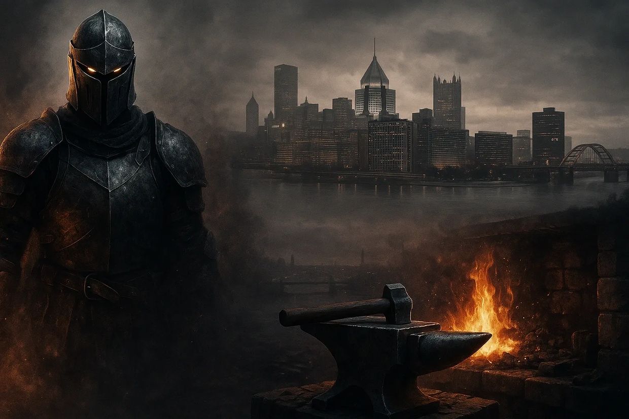 Dark armored knight with glowing eyes near a forge and a modern city skyline in the background.