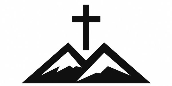 Cross above two mountains symbol.