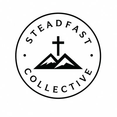 Logo with a cross, mountains, and the words Steadfast Collective.