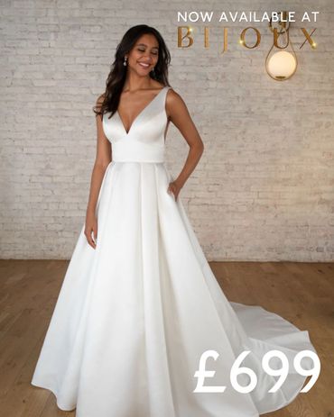 Elegant wedding dress now available at Bijoux for £699.