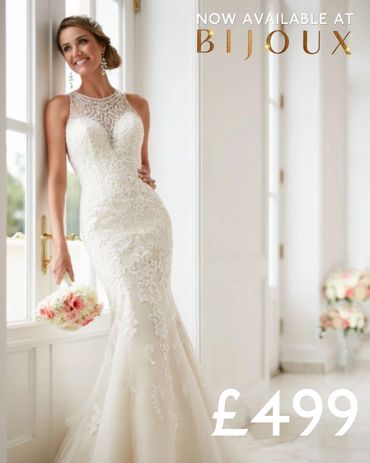 Elegant lace bridal gown available at Bijoux for £499.
