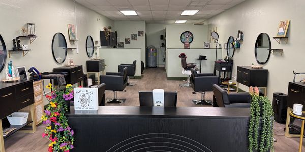 Interior of a modern hair salon with multiple styling stations and plants.