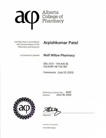 Pharmacy license certificate for Wolf Willow Pharmacy in Calgary.