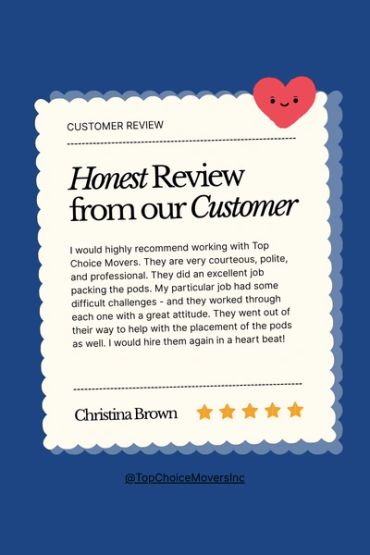 Customer's 5-star positive review for Top Choice Movers.