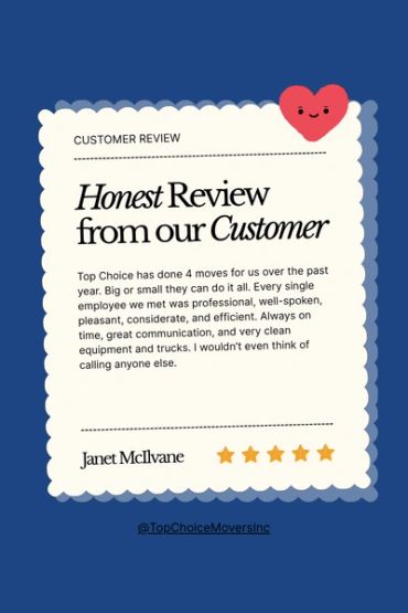 Customer review praising Top Choice for professionalism and efficiency.