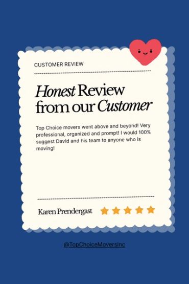 Customer review praising Top Choice movers for professionalism and promptness.
