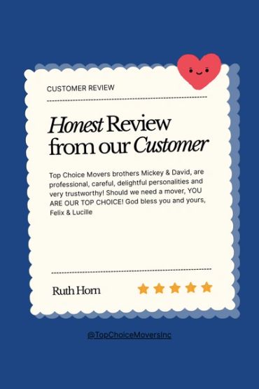 Customer review praising Top Choice Movers' professionalism and trustworthiness.