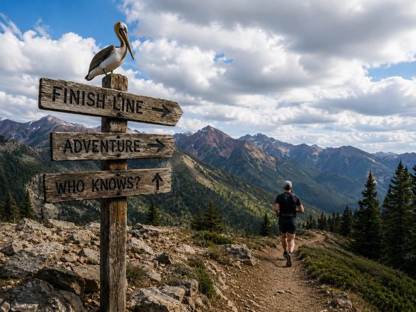 A hiker passes a wooden signpost with directions in a mountain landscape.