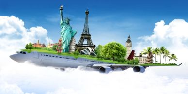 An airplane flying above clouds with famous world landmarks on top.
