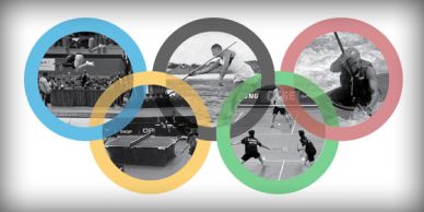 Olympic rings featuring black-and-white images of various sports inside each ring.