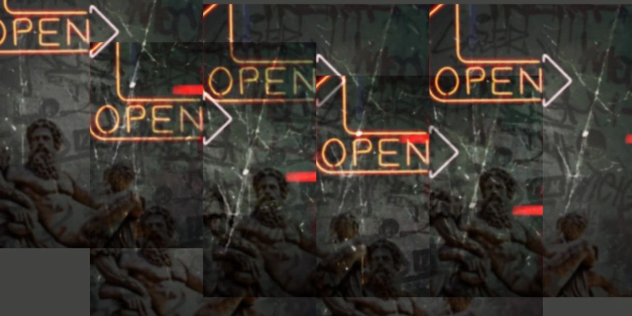 Neon "OPEN" sign with classical statue in background.
