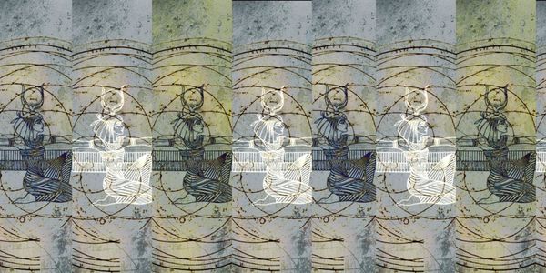 Abstract repeated pattern of a sketched figure on a textured background.