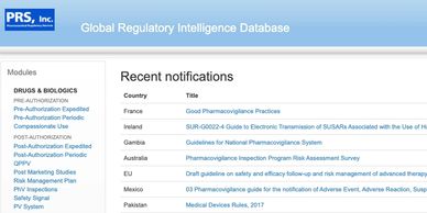 Menu of modules in the pharmacovigilance intelligence database