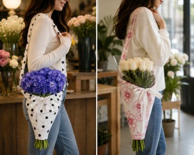 Two thumbnails each showing a person carrying a bouquet of flowers using BloomWrap tote handle