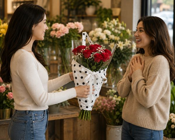 Woman giving a flower bouquet to another woman inside a flower shop
