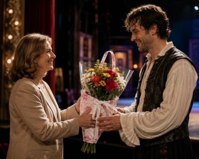 A woman giving a bouquet of flowers with BloomWrap to a thespian at a theatre