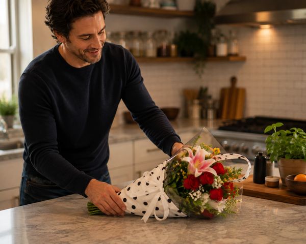 Man laying a bouquet of BloomWrap on the kitchen counter