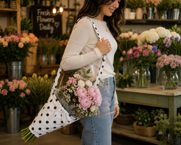 Woman in a flower shop carrying a BloomWrap by the long tote strap