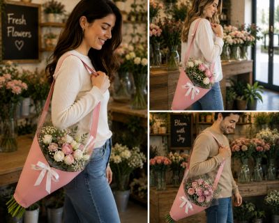 Three thumbnails each showing a person carrying a bouquet of flowers using BloomWrap tote handle