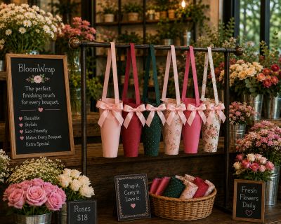 BloomWrap totes hanging in a flower store