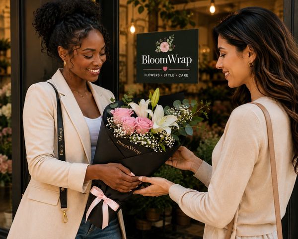Woman giving a flower bouquet to another woman outside a flower shop