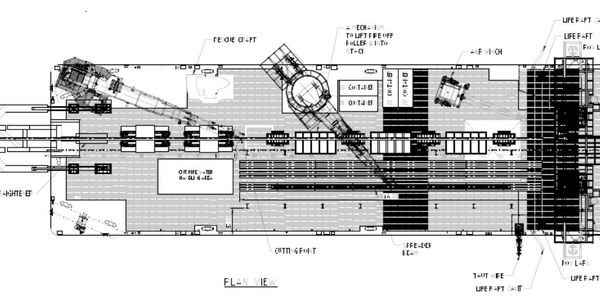 Technical plan view of a ship deck showing equipment and labeled sections.