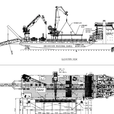 Technical blueprint of a 280'x90'x18' material barge with cranes and deck layout.