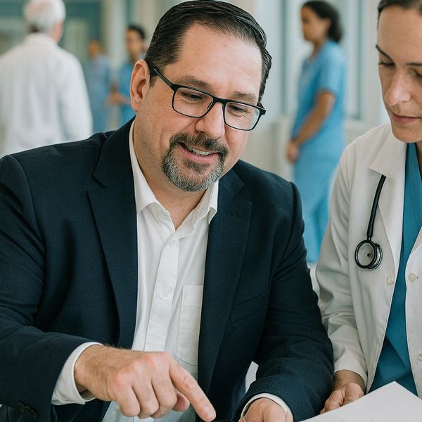 Businessman discussing charts on a tablet with a female doctor.