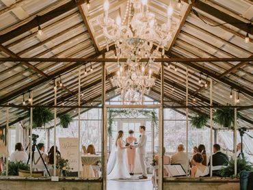 Wedding ceremony with an Ontario Wedding Officiant and a couple in a greenhouse with chandeliers.