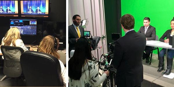 Mason students position themselves in the studio for their first news broadcast.
