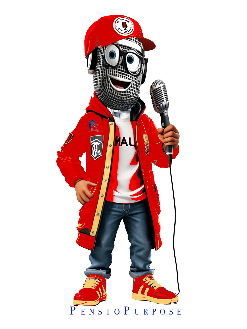 Microphone mascot holding a microphone.