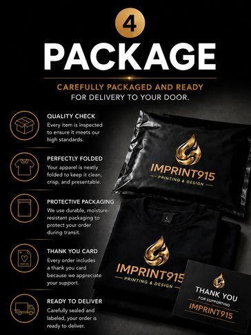 Overview of a 4-step packaging process by Imprint915 with quality checks and thank you card.