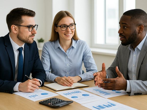 Three professionals discuss business charts in a meeting room.