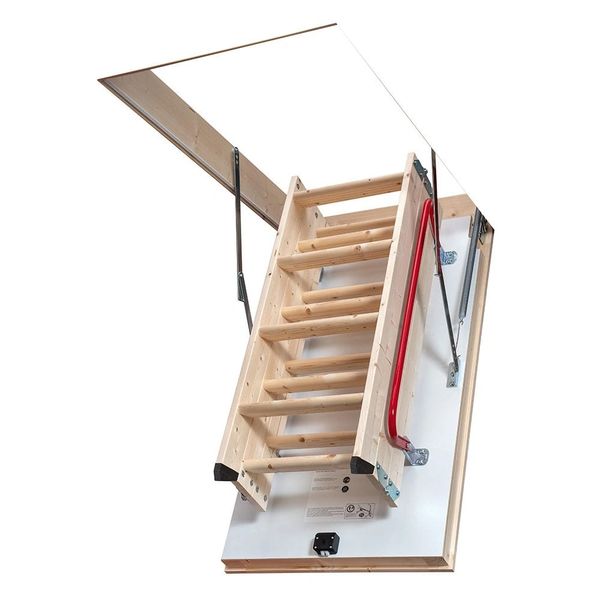 Foldable attic ladder made of wood with metal handles.