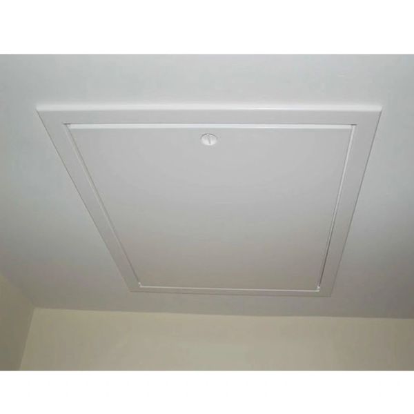 Rectangular attic access panel on ceiling.