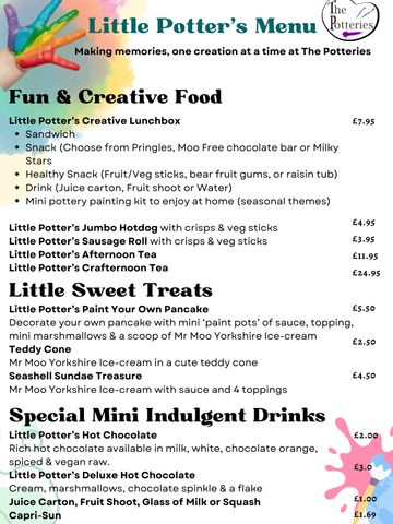 Menu for Little Potter's creative food and drinks offerings.