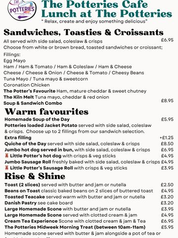 Menu offering sandwiches, warm favorites, and breakfast items at The Potteries Cafe.