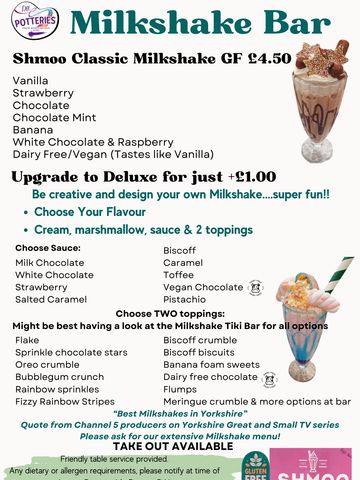 Milkshake Bar menu offering classic and deluxe milkshakes with various flavors and toppings.