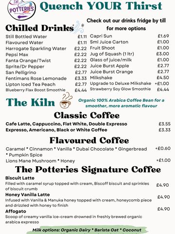 Menu featuring chilled drinks, classic and flavored coffees, and signature coffee options.