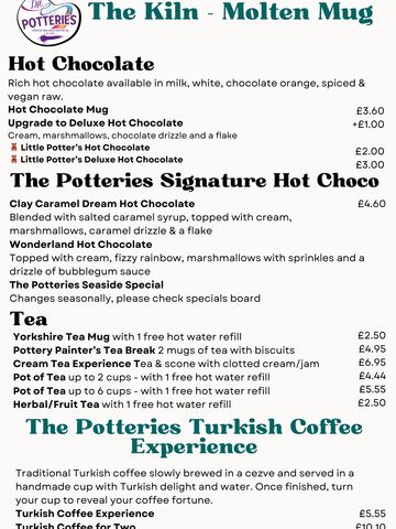 Menu board displaying hot chocolate, tea, and Turkish coffee options at The Kiln - Molten Mug.