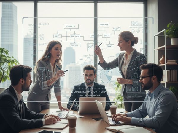 Business team discussing data and growth strategies with digital charts and laptops in a modern office.