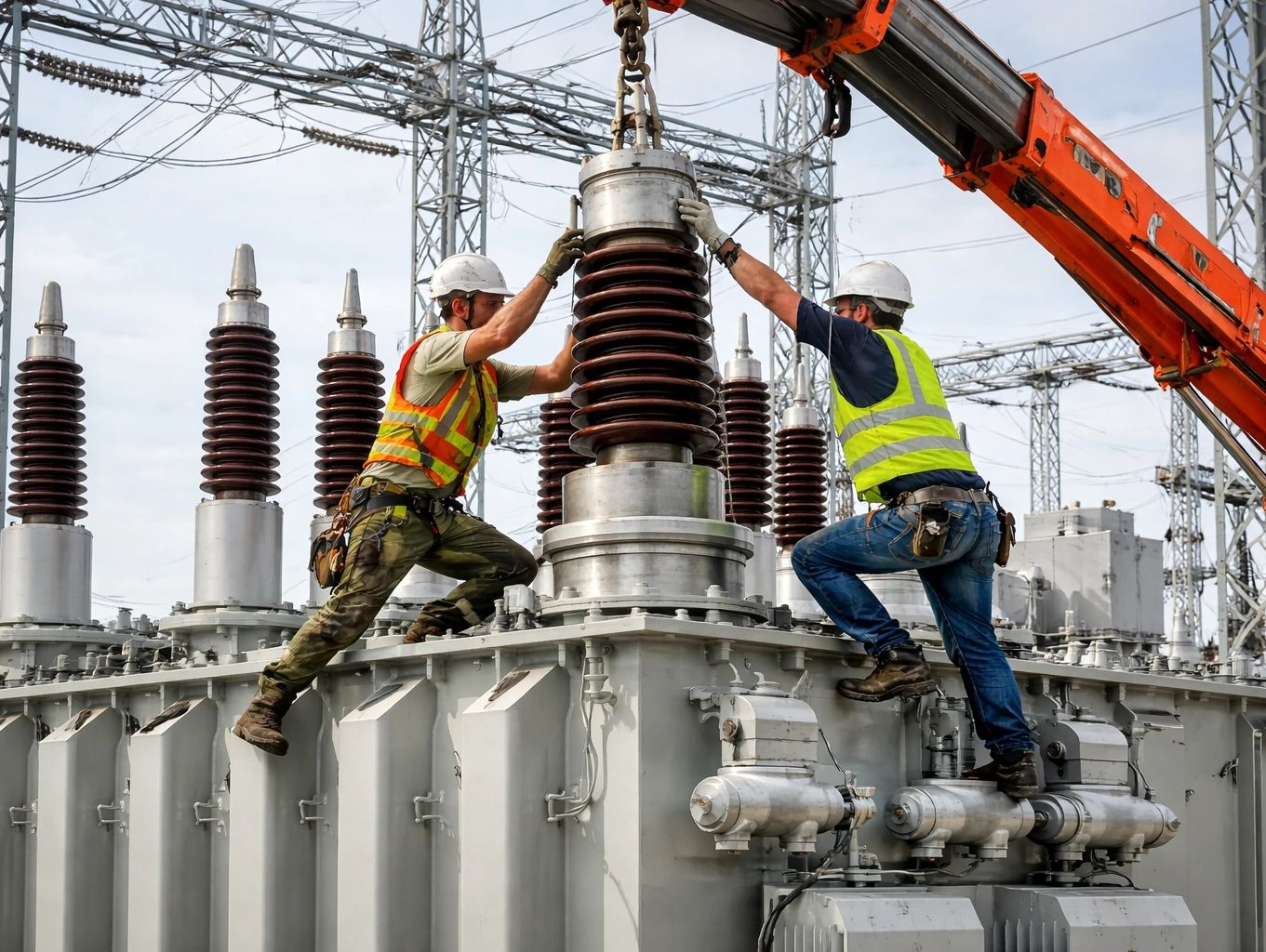 contractors installing bushings on a large GSU transformer.