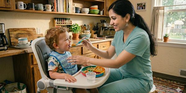 A woman in scrubs happily feeds a toddler seated in a high chair.