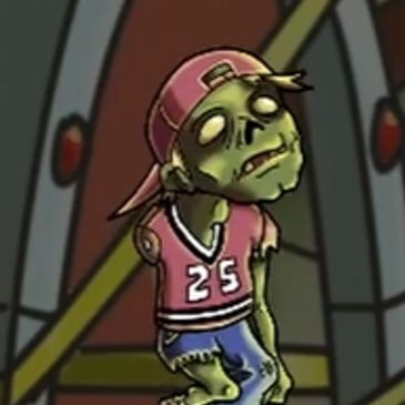 A cartoon zombie wearing a red cap and basketball jersey.