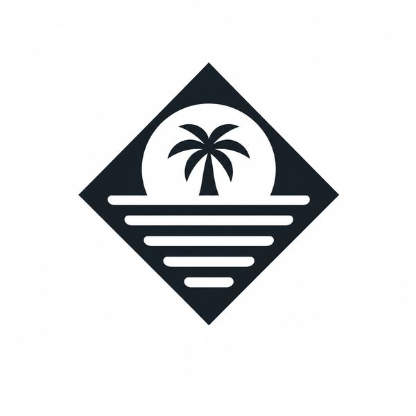 Minimalist palm tree sunset logo in diamond shape.