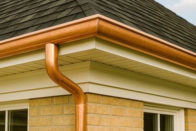 Close-up of a copper gutter and downspout on a house corner.