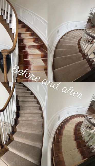 Before and after photos of a staircase carpet installation.