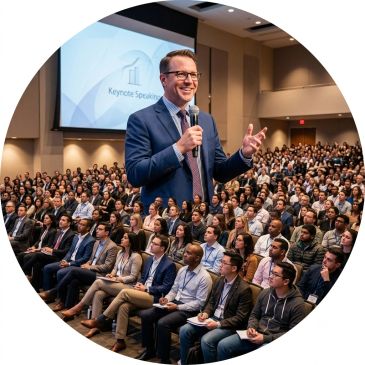A man giving a keynote speech to a large audience.